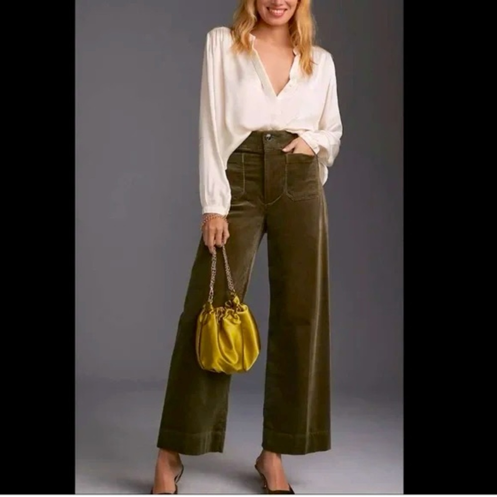 Maeve Anthropologie Colette Cropped Wide-Leg Corduroy Pants Olive Green Medium